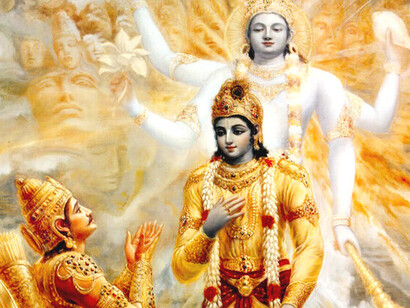 En su relato, Krishna guía a Arjuna para que descubra el sentido profundo del deber y de la acción consciente