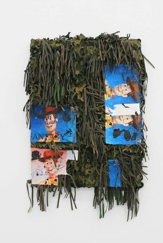 Renaud Jerez, Final Fantasy, 2012, Transfered inkjet prints, acrylic, ball-point pen on ghillie suit. 80 x 60 x 10 cm