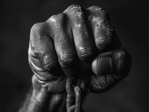 A close view of a man weighed down by chains highlights how enslavement stripped individuals of autonomy, reducing human lives to instruments of economic production