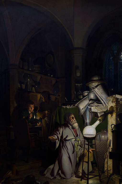 Joseph Wright (1734–1797), The Alchymist, in Search of the Philosopher’s Stone, Discovers Phosphorus, and Prays for the Successful Conclusion of his Operation, as was the Custom of the Ancient Chymical Astrologers, 1795, oil on canvas, Derby Museums Trust. Photography by Richard Tailby.