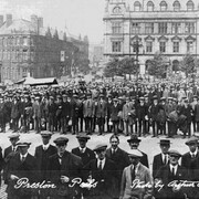 The Preston Pals. Volunteer recruits for a service battalion in civilian clothes, drawn up outside Preston Town Hall during the early months of the First World War, © IWM