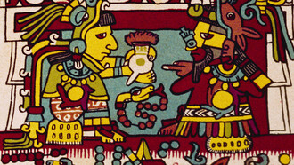 Copia de una ilustración del Códice Nuttall donde se representan dos reyes de la cultura mixteca compartiendo una bebida de chocolate