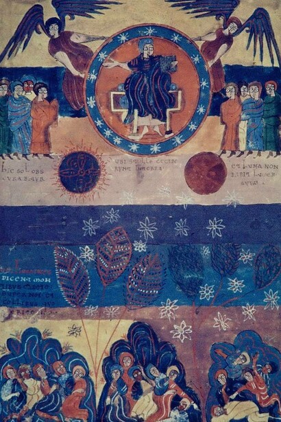 Sesto sigillo da "Il Beato di Valcavado", manoscritto miniato - copia del Commento all'Apocalisse di San Giovanni di Beato di Liébana - copiato da un monaco di nome Oveco nell'anno 970, nell'ormai scomparso monastero di Nostra Signora di Valcavado a Palencia
