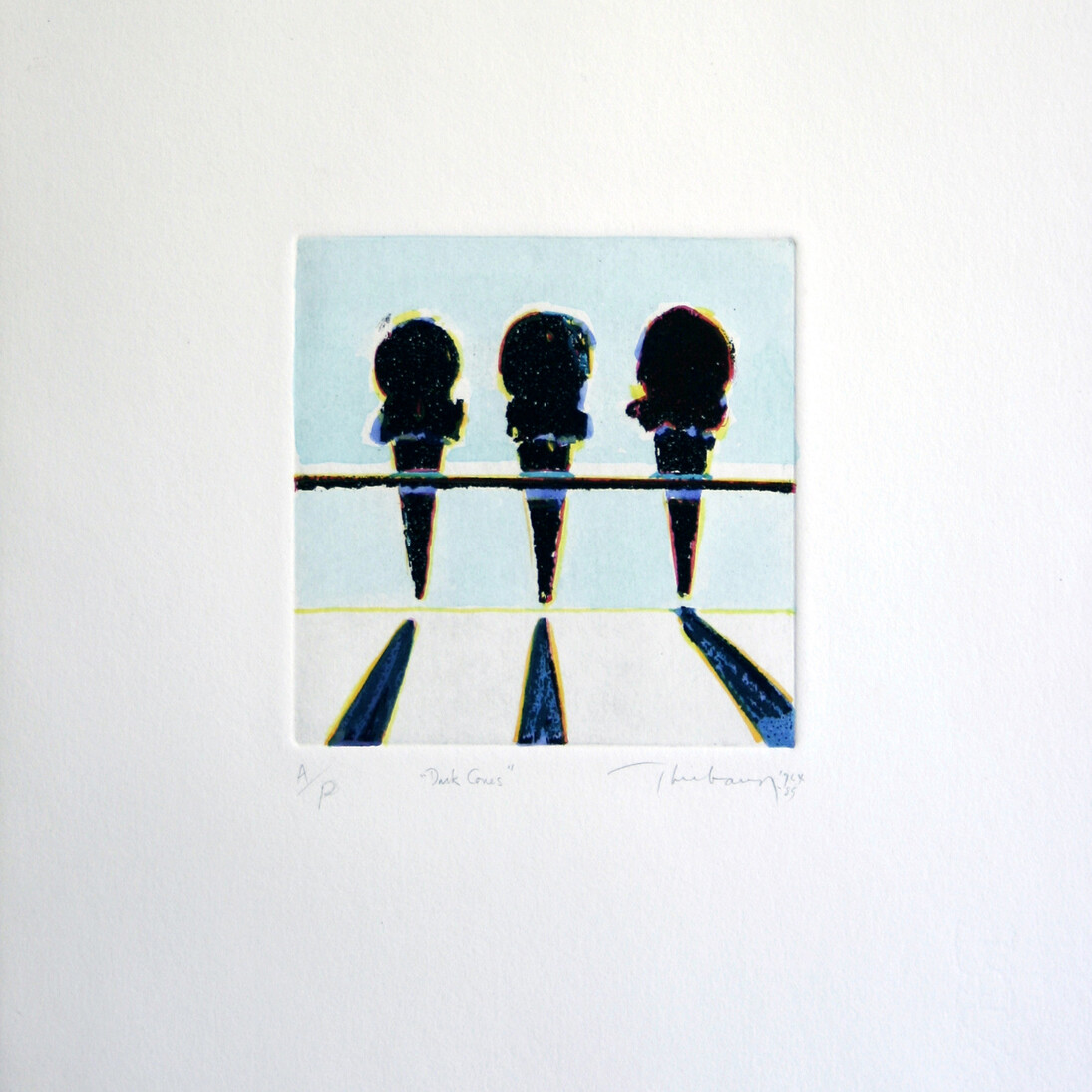 Wayne Thiebaud, Dark Cones, 1964 1985, watercolour over etching