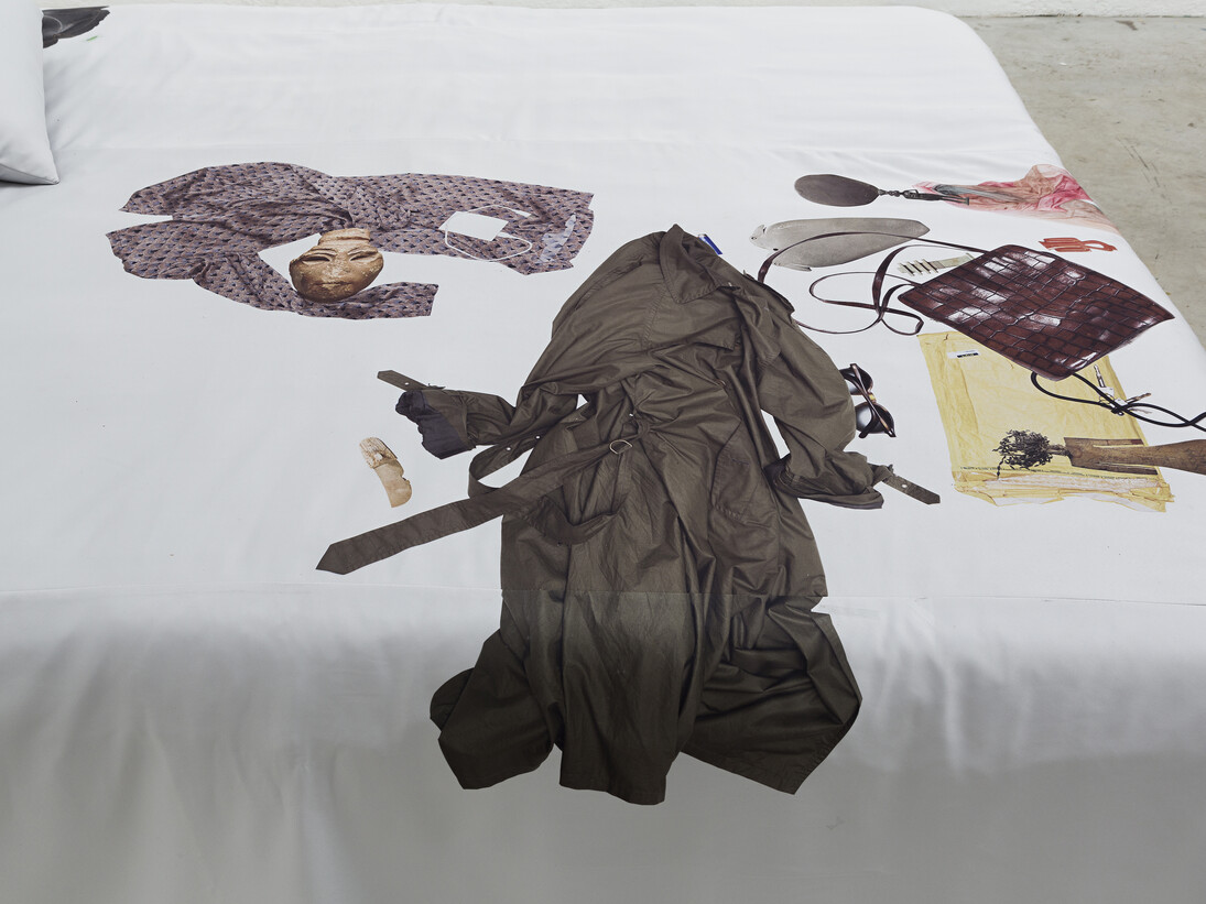 Maria Loboda, The Amateur (detail), 2014, bed, bed sheet with sublimation print and 3 pillows, Edition: N/A, 225 x 185 x 67 cm. Courtesy of Mendes Wood DM, São Paulo