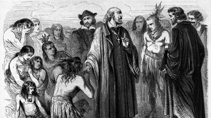 Fray Bartolomé de las Casas intercediendo por un grupo de indígenas