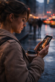 A woman watches a vertical drama on her phone while standing on a busy city street, reflecting how smartphone storytelling has become part of everyday life