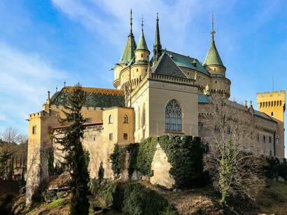 Aerial view of Bojnice Castle, located in Bojnice, Trenčín Region, Slovakia