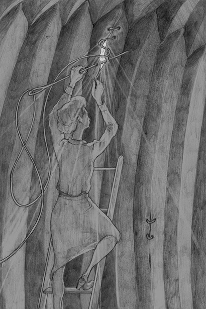 Maya Zack, Sawing the bellows, 2016. Pencil on paper 42 x 59,5 cm. Courtesy MLF | Marie-Laure Fleisch e l’artista