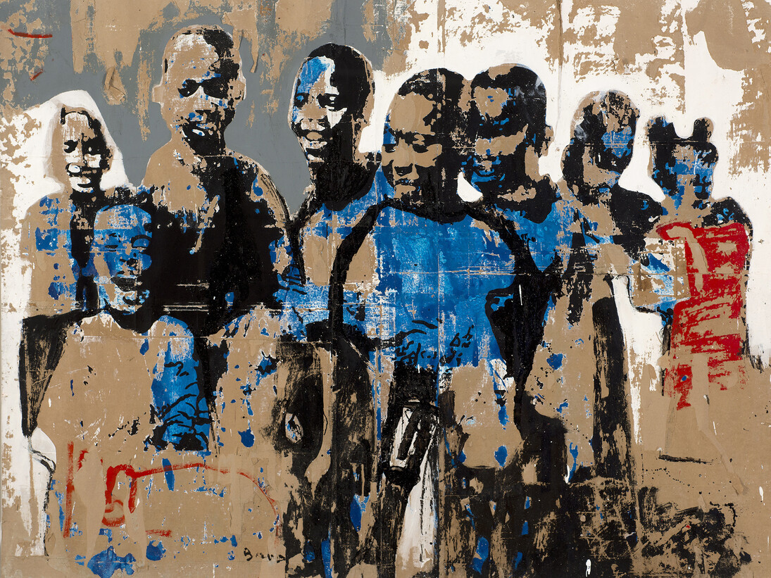 Armand Boua, Foule D’Enfants, 2014, Tar and acrylic on board, 190 x 247 cm, Image courtesy of the Saatchi Gallery, London