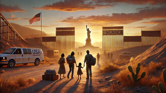 Families crossing into the United States under the shadow of a border wall, symbolizing the challenges and aspirations of migration in pursuit of the American Dream