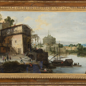 Maestro del Monograma IDM (¿círculo de Joos de Momper?), Vista de un puerto fluvial con el Castillo de Sant'Angelo, s.f. Cortesía del Museo Thyssen-Bornemisza