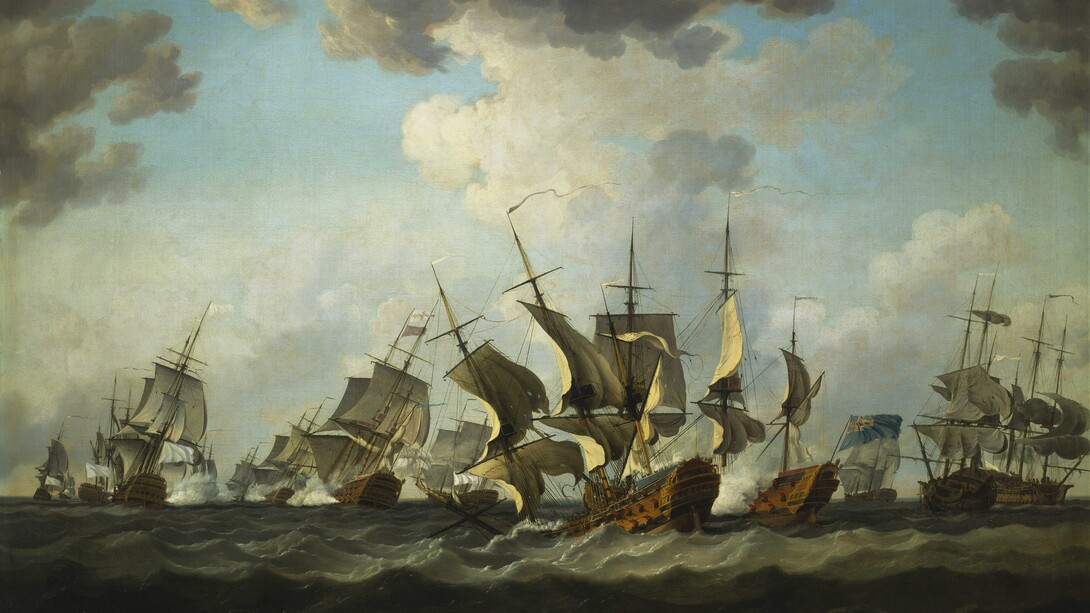 Richard Paton (1717–1791) "La batalla de la bahía de Quiberon", pintura.
La batalla de la bahía de Quiberon, ocurrida el 20 de noviembre de 1759, fue el encuentro naval más decisivo durante la Guerra de los Siete Años (1756-1763), un conflicto que involucró a las principales potencias coloniales europeas y se libró en todo el mundo. Museos Reales de Greenwich, Londres, Inglaterra