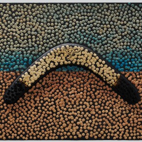 Daniel Boyd, Untitled (AIAFNSCAI), 2023. Oil, watercolor, pencil, found boomerang, and archival glue mounted on wooden panel, 11 3/4 x 19 3/4 in. / 30 x 50 cm. Courtesy of the artist and Marian Goodman Gallery