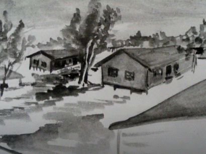 Veduta d'insieme di alcune baracche del lager di Wietzendorf, disegno di Tullio Battaglia