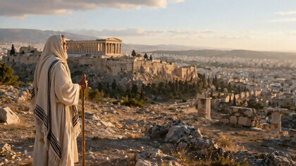A contemplative figure overlooking an ancient city, symbolizing the origins of freedom shaped by faith and reason