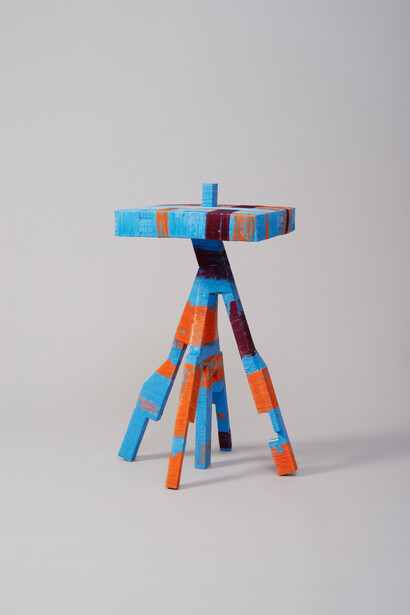 Anton Alvarez, The Thread Wrapping Machine Side Table 130214, 2014, Wood, paint, glue-coated thread, 62 W x 48 D x 89 H cm, Courtesy of Gallery Libby Sellers, Photography by Gustav Almestål 