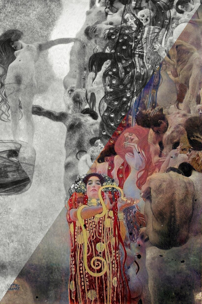 Gustav Klimt, Fakultätsbild „Die Medizin“, 1901, historische Aufnahme im Vergleich zur Rekolorisierung (2021). Mit freundlicher Genehmigung des Unteren Belvedere