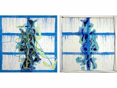 Dona Nelson, Hair Conditioning, 2011, Acrylic and dyed cheesecloth on canvas, 82 x 82 in. (double-sided)