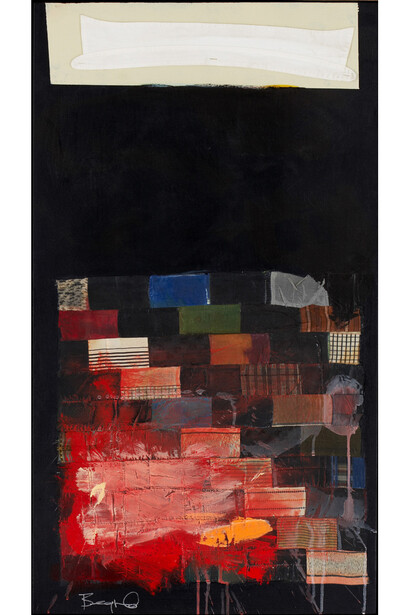 Rick Begneaud, Pajama Fig, 2011, Collage and acrylic on canvas, mounted to panel. Framed: 40 x 23 x 3.5 inches; 101.6 x 58.4 x 8.9 cm. Signed lower left, Signed, titled, dated on verso. Courtesy Woodward Gallery, NYC