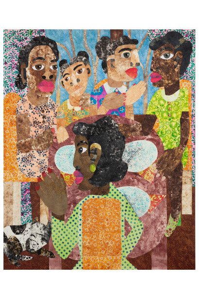Evita Tezeno, When Family Gathers, 2023, acrylic, mixed media collage, and buttons on canvas, 60x48 inches. Courtesy of the artist and Luis De Jesus, LA