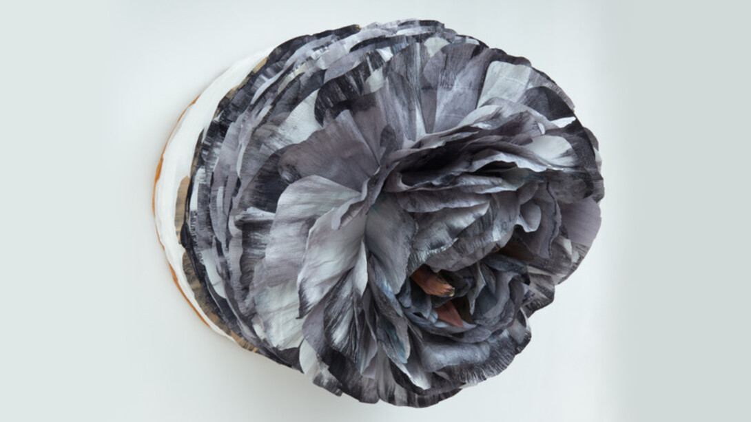 Tiffanie Turner, Byproduct/Burnt Offerings (Ranunculus), 2022, paper mâché, Italian crepe paper, stain, glue, Quik-Tube, 27x27x29 3/4 inches, copyright the artist. Courtesy of Eleanor Harwood Gallery