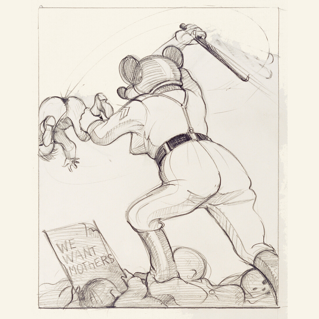 Tomi Ungerer, Untitled (We want mothers), 1977‐1979 (drawing for Babylon, first published 1979 at Diogenes Verlag AG, Zürich), Black grease pencil on paper, 15 7/10 x 11 4/5 inches (40 x 30 cm). Collection Musée Tomi Ungerer – Centre international de l’Illustration, Strasbourg. © Tomi Ungerer/ Diogenes Verlag AG Zürich. Musées de la Ville de Strasbourg / Mathieu Bertola