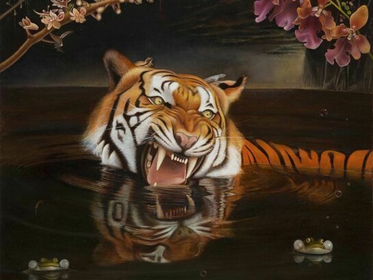 Rugido hacia los sapos (detail), oil on wood, 10” x 10” unframed, 11.5” 11.5” framed