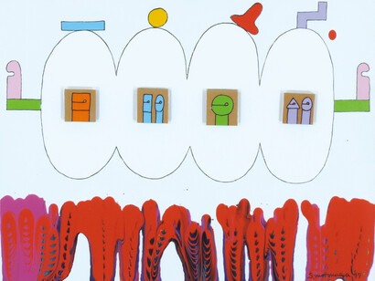 Motonaga Sadamasa, Square means four, 1997, acrilico collage e pennarello su tela, 32 x 41 cm, 1997