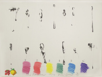 Jim Dine (American, b. 1935), Tools - The Rainbow (with Turnip & Radish), 1970, offset lithograph with collage and hand coloring in pastel, 40 x 55 1/4 inches, 101.6 x 140.3cm, Edition of 11