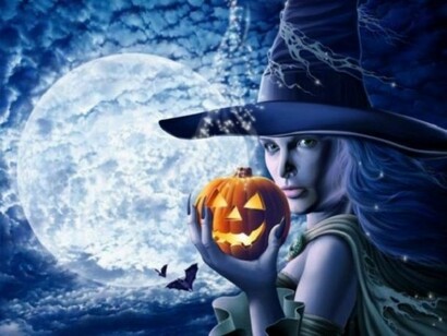 A young witch with a pumpkin