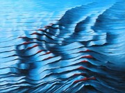 Anna VanMatre. Lazure Blue Red. 2015. Acrylic on cut canvas with red background. 40 x 30 inches