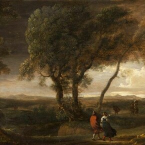 Herman Van Swanevelt, c. 1603 - 1655, Dutch School, An extensive windswept Panoramic Landscape with Travellers on a Path, Oil on Panel, 10 x 16 3/8 inches (25.4 x 41.6 cms)
Signed in ink au verso:"Herman van Swanevelt fe,"