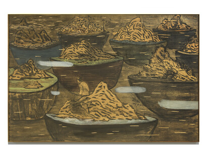 Lam Tung Pang
Wandering in potted landscape, 2019 Charcoal, ink and acrylic on plywood 100 x 150 x 3.7 cm
(Image courtesy of artist and Blindspot Gallery)