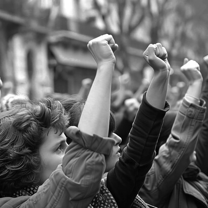 Gruppo di donne che manifestano con i pugni alzati