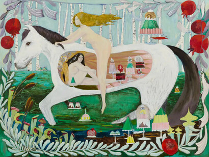 Dana Sherwood, Inside the belly of the horse (Lagoon with Pomegranates), 2025. Courtesy of Geary Gallery