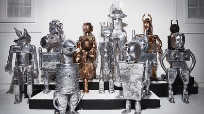 Robots and Femmebots in polished bronze and aluminum