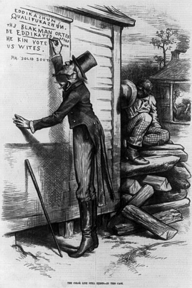 Editorial cartoon criticizing the usage of literacy tests for African Americans as a qualification to vote. Cartoon shows man "Mr. Solid South" writing on wall, "Eddikazhun Qualifukazhun. The Blak man orter be eddikated afore he kin vote with us Wites, signed Mr. Solid South." An African American looks on. Illustration in: Harper's Weekly