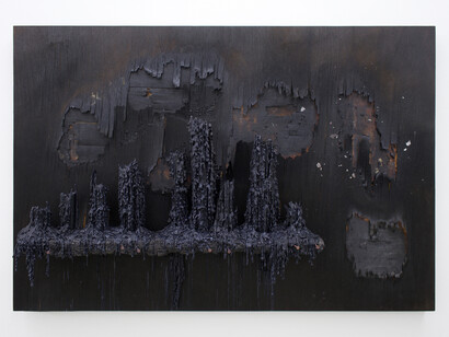 In Time II, 2023, wood, charcoal, ink, wax and nails, 24x36x6 inches. Courtesy of the artist and Romer Young Gallery