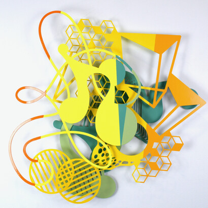 Wendy Letven, Yellow Note, acrylic, enamel, and aluminum, 25x25x2 inches. Courtesy the artist and Beth Urdang Gallery