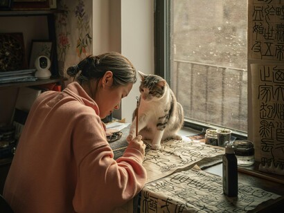 Le poète pique l'intérêt des félins en écrivant ses pensées
