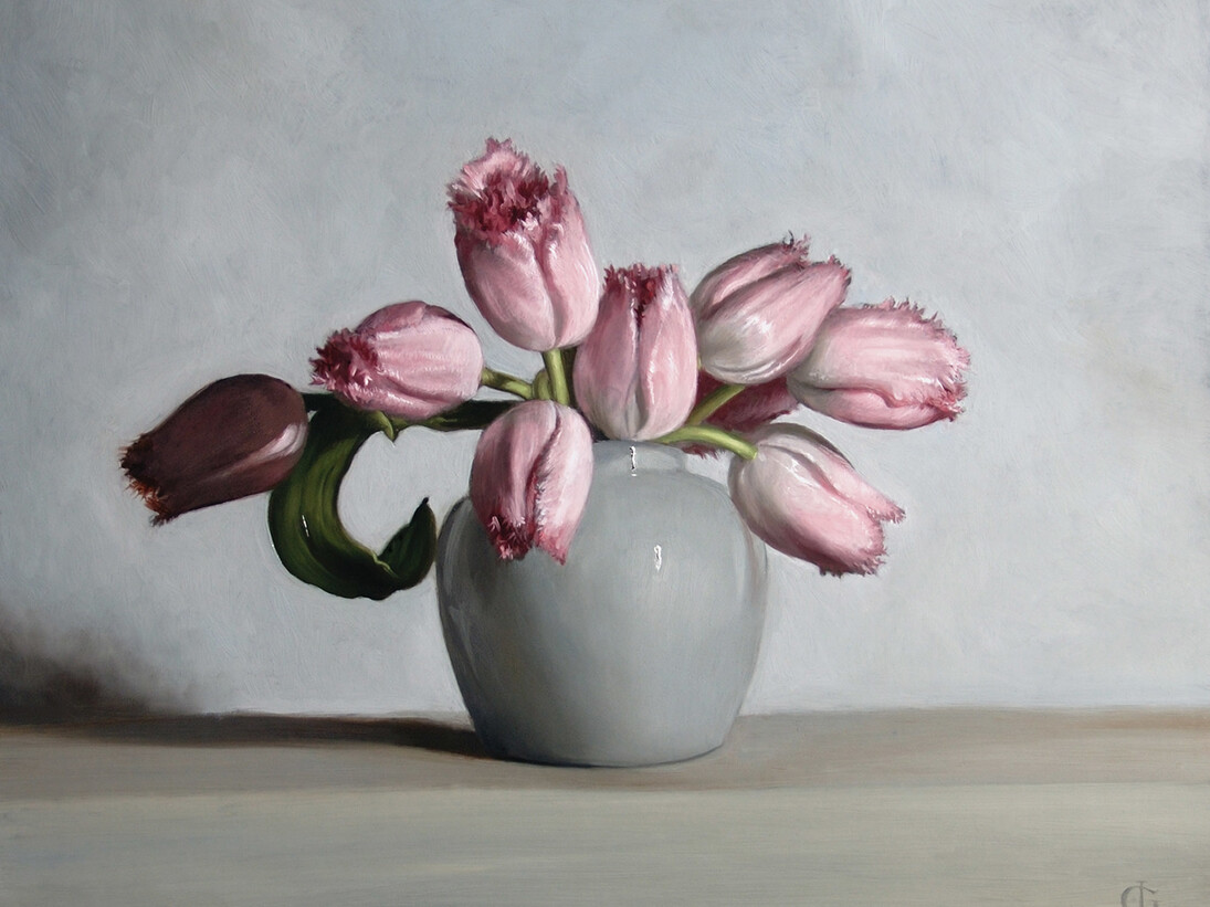 James Gillick, Pale Pink Tulips in a Ginger Pot, Signed, Oil on linen over panel, 15 x 18.75ins (38.2 x 47.6cm) © James Gillick
