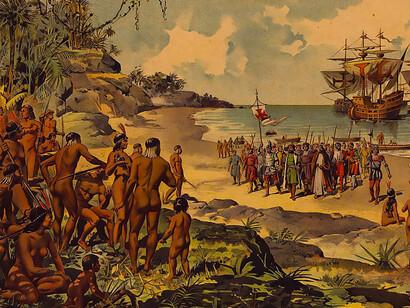 The landing of the Portuguese in Brazil to be discovered by Pedro Alvares Cabral in 1500 by 
Roque Gameiro
