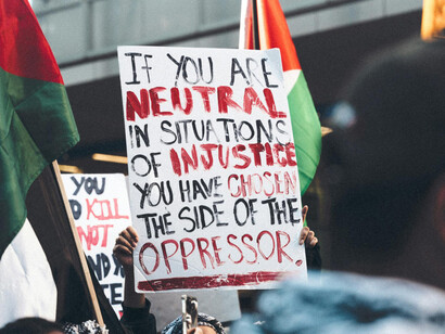 Signs at a pro-Palestine rally