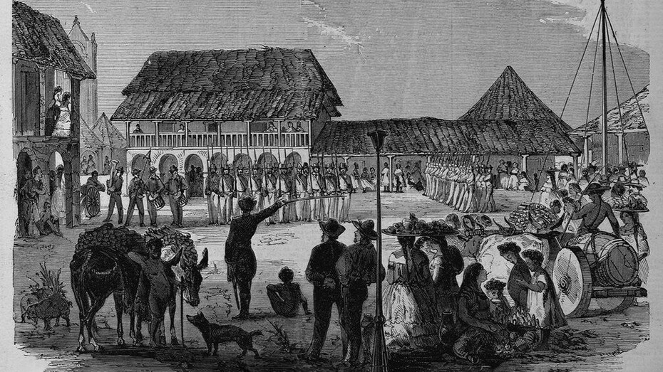 William Walker revisando tropas en la Gran Plaza, Granada, Nicaragua. Ilustración de junio de 1856