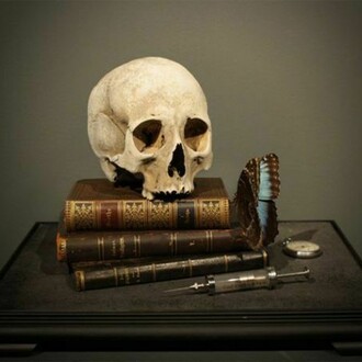 Dr.Viktor Schroeder, Memento Mori with 17th Century skull, 2013, 17th Century human skull, 19th Century books, antique pocket watch, Victorian syringe and blue butterfly, 35 x 44 x 32 cm