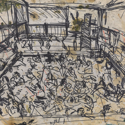 Leon Kossoff. Children's Swimming Pool, 1969. London Painters installation view, photograph by Mike Bruce