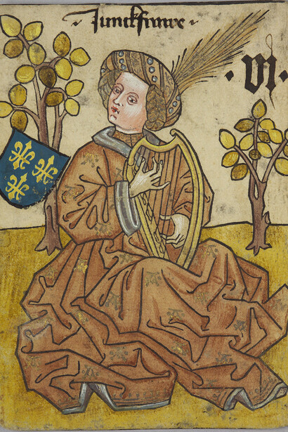 (Lady-in-Waiting) of France, from The Courtly Household Cards (Das
Hofämterspiel)
German, Upper Rhineland, ca. 1450
Woodcut on paper (pasteboard) with watercolor, opaque paint, pen and ink, and tooled
gold and silver
5 ½ × 3 15/16 in. (14 × 10 cm)
Kunsthistorisches Museum Wien, Kunstkammer (KK 5118)
Image: © Kunsthistorisches Museum, Vienna