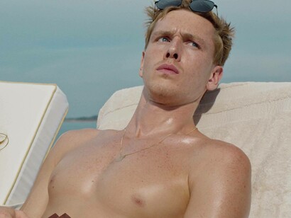 Harris Dickinson in a scene from Triangle of Sadness (2022) directed by Ruben Östlund