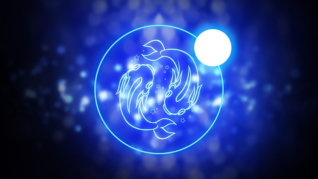 Illustration of a bright Pisces symbol with blue fish, representing the New Moon in Pisces